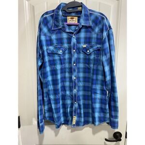 Larry Mahan Shirt Mens 2XL Blue Western Plaid Cowboy Collection Pearl Snap
